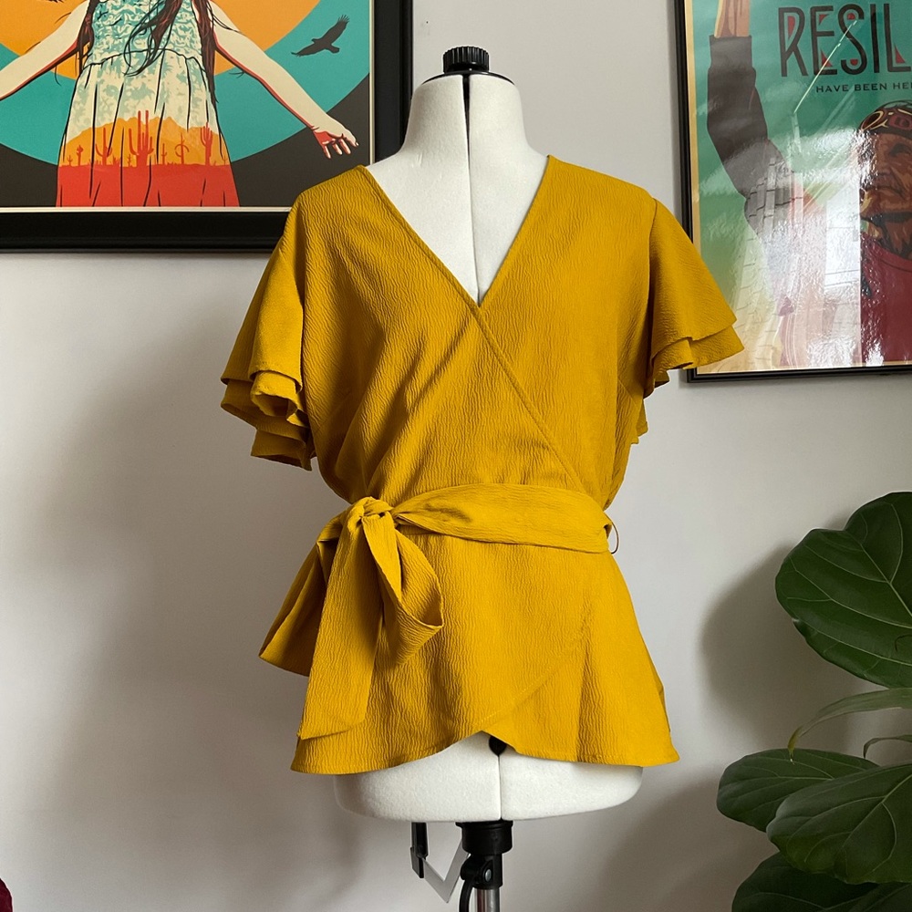 A New Day Mustard Yellow wrap cross top with peplum